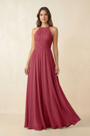 Merlot Halter Pleated A-Line Chiffon Bridesmaid Dress | KISSBRIDAL