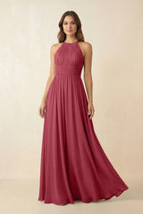 Merlot Halter Pleated A-Line Chiffon Bridesmaid Dress | KISSBRIDAL