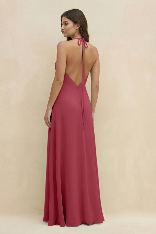 Merlot Halter Sheath Long Chiffon Bridesmaid Dress (2) | KISSBRIDAL