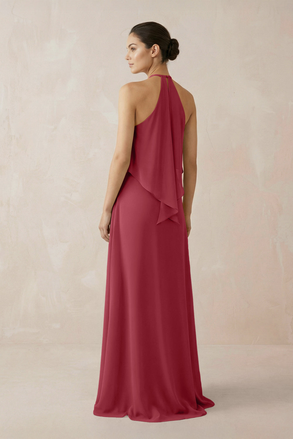 Halter Sheath Ruffled Chiffon Bridesmaid Dress in Merlot