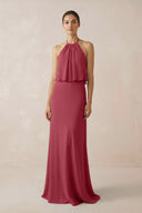 Merlot Halter Sheath Ruffled Chiffon Bridesmaid Dress | KISSBRIDAL