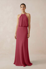 Merlot Halter Sheath Ruffled Chiffon Bridesmaid Dress | KISSBRIDAL
