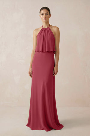Merlot Halter Sheath Ruffled Chiffon Bridesmaid Dress | KISSBRIDAL