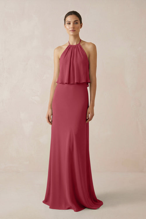 Merlot Halter Sheath Ruffled Chiffon Bridesmaid Dress | KISSBRIDAL