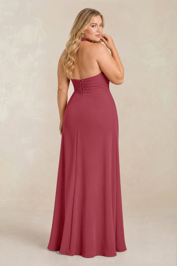 Merlot High Neck Chiffon Sheath Ruched Bridesmaid Dress (2) [sizeplus] | KISSBRIDAL