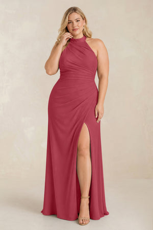 Merlot High Neck Chiffon Sheath Ruched Bridesmaid Dress [sizeplus] | KISSBRIDAL