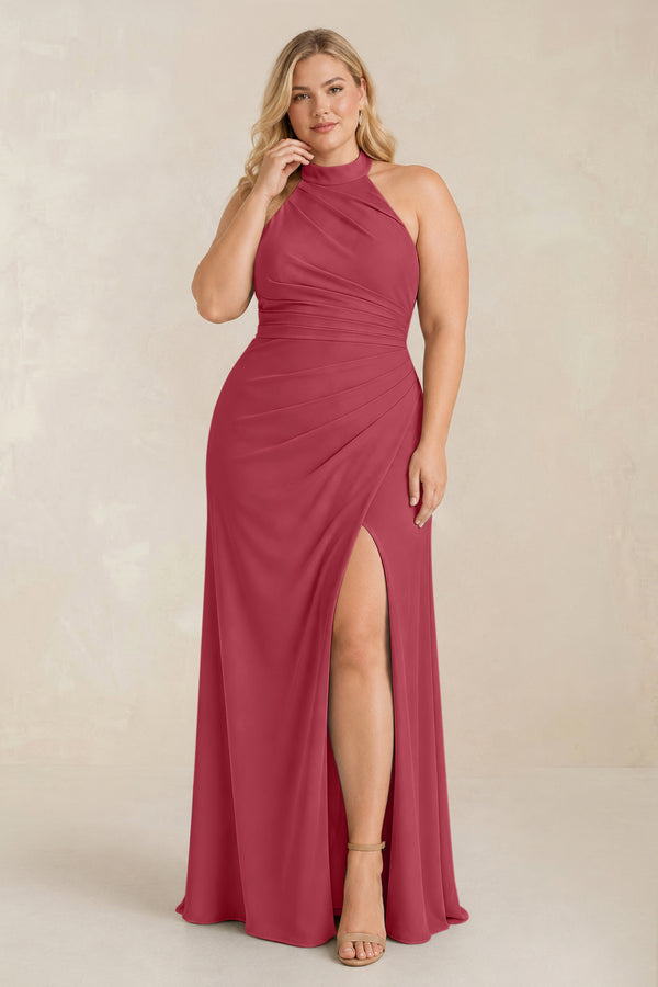 Merlot High Neck Chiffon Sheath Ruched Bridesmaid Dress [sizeplus] | KISSBRIDAL