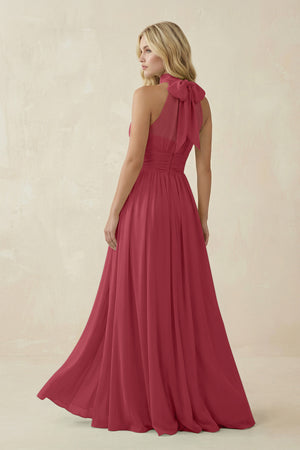 Merlot Illusion Halter A-Line Chiffon Bridesmaid Gown (2) | KISSBRIDAL