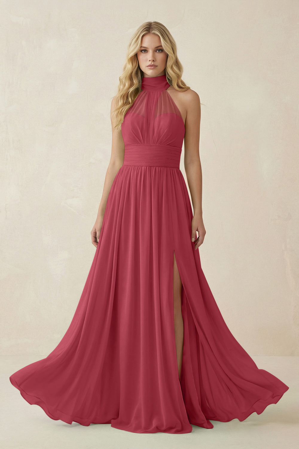 Illusion Halter A-Line Chiffon Bridesmaid Gown in Merlot