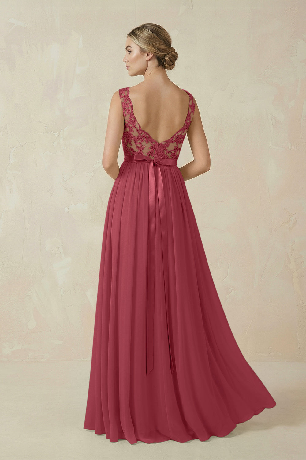 Lace A-Line Bateau Neck Chiffon Long Bridesmaid Dress in Merlot