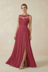 Merlot Lace A-Line Bateau Neck Chiffon Long Bridesmaid Dress | KISSBRIDAL