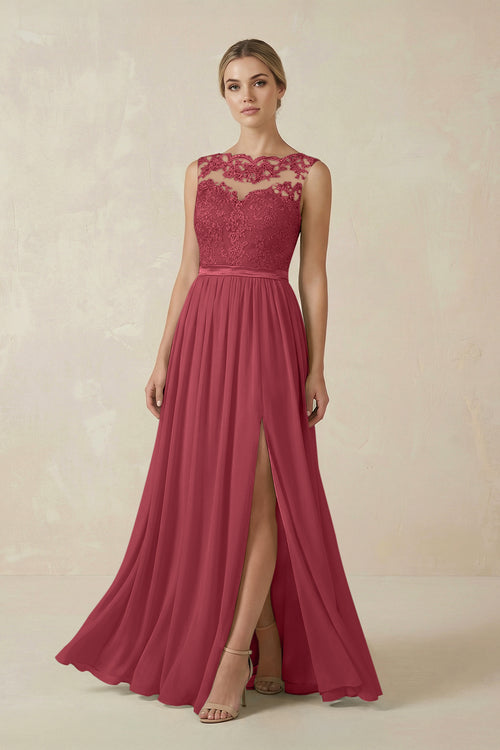 Merlot Lace A-Line Bateau Neck Chiffon Long Bridesmaid Dress | KISSBRIDAL