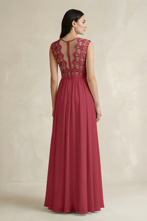 Merlot Lace Chiffon A-Line Round Neck Bridesmaid Dress (2) | KISSBRIDAL
