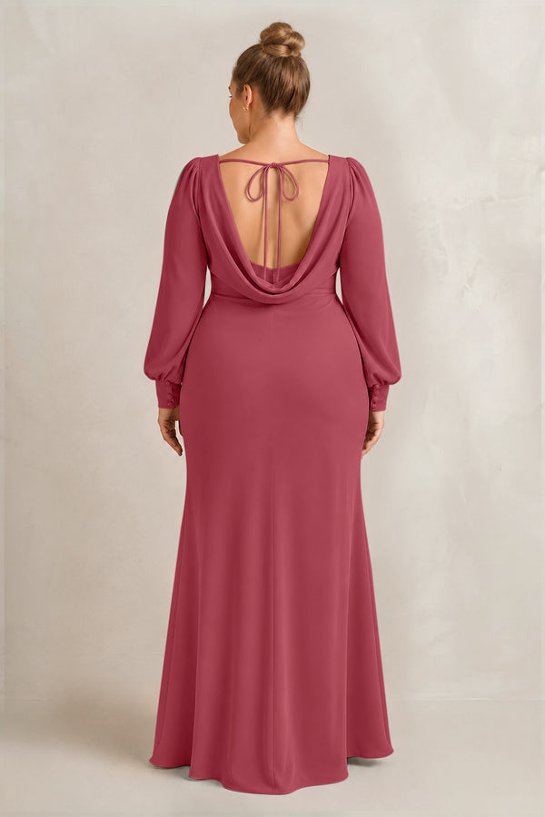 Merlot Long Sleeve V-Neck Sheath Chiffon Bridesmaid Dress (2) [sizeplus] | KISSBRIDAL
