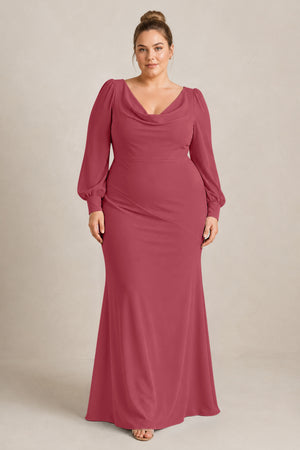 Merlot Long Sleeve V-Neck Sheath Chiffon Bridesmaid Dress [sizeplus] | KISSBRIDAL