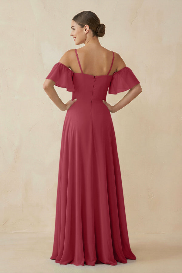 Merlot Off-the-Shoulder A-Line Chiffon Bridesmaid Dress (2) | KISSBRIDAL