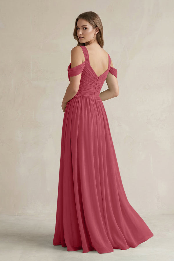 Merlot Off-the-Shoulder A-Line Chiffon Bridesmaid Dress With Slit (2) | KISSBRIDAL