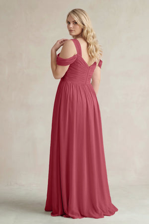 Merlot Off-the-Shoulder A-Line Chiffon Bridesmaid Dress With Slit (2) | KISSBRIDAL