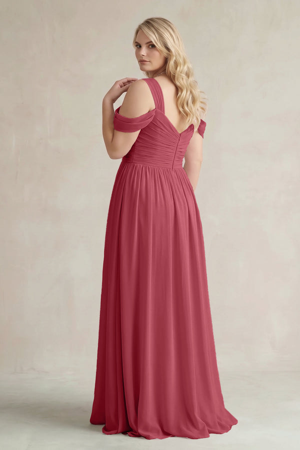 Merlot Off-the-Shoulder A-Line Chiffon Bridesmaid Dress With Slit (2) | KISSBRIDAL