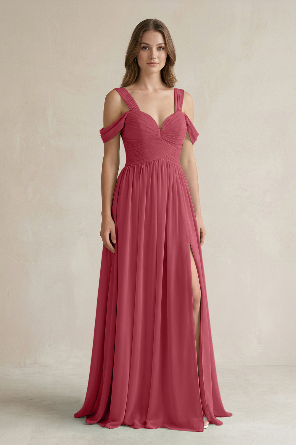 Off-the-Shoulder A-Line Chiffon Bridesmaid Dress With Slit in Merlot