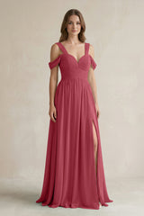 Merlot Off-the-Shoulder A-Line Chiffon Bridesmaid Dress With Slit | KISSBRIDAL