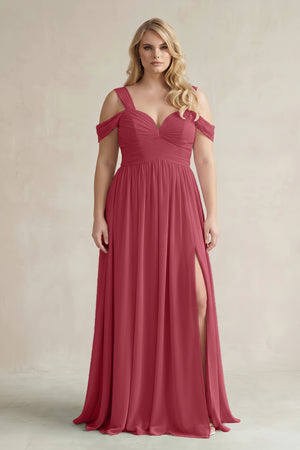 Merlot Off-the-Shoulder A-Line Chiffon Bridesmaid Dress With Slit | KISSBRIDAL