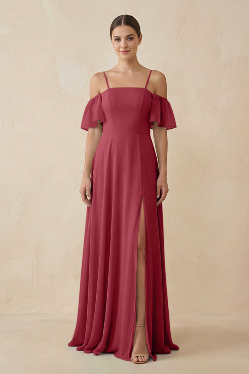 Merlot Off-the-Shoulder A-Line Chiffon Bridesmaid Dress | KISSBRIDAL