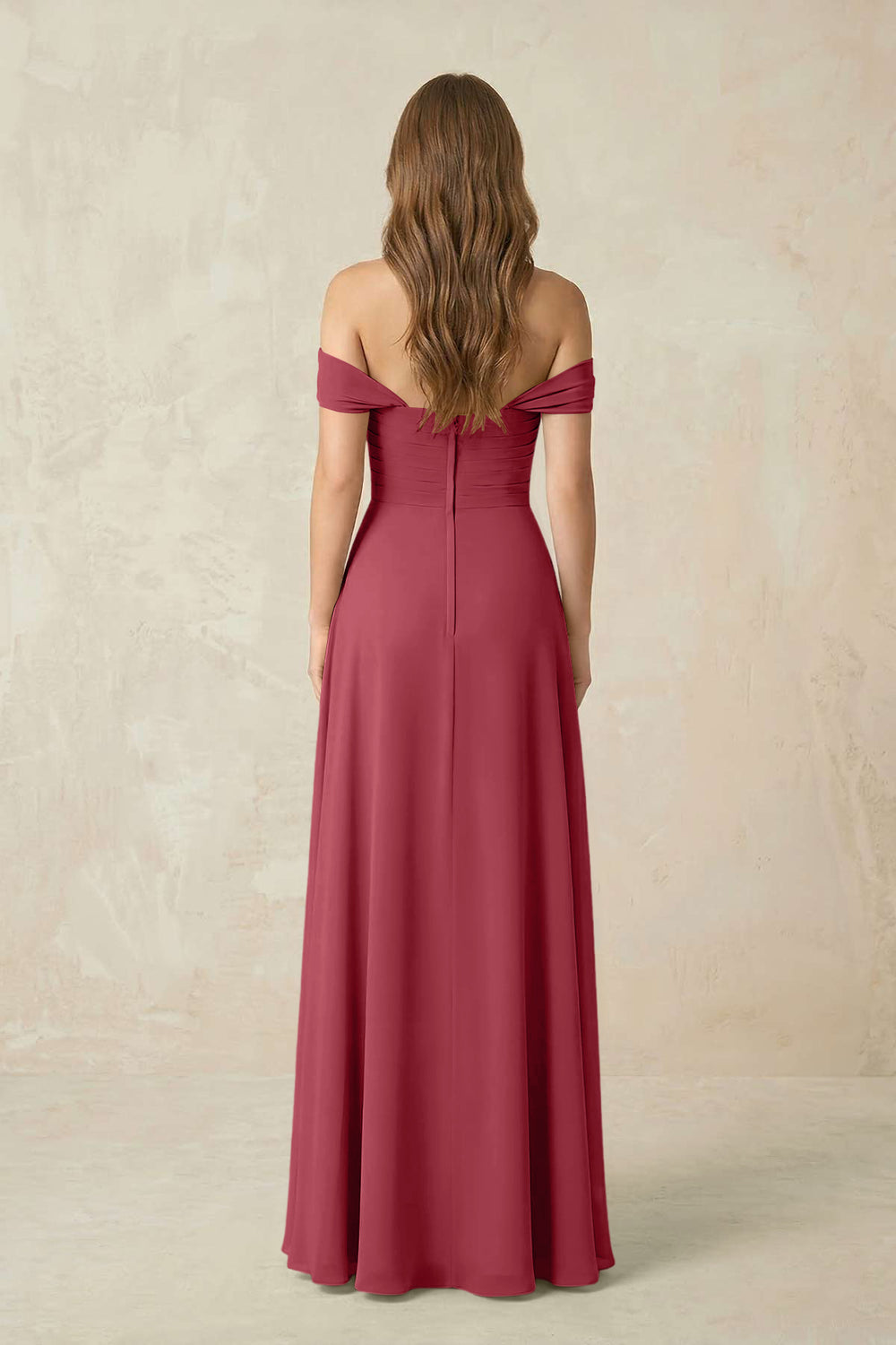 Off-the-Shoulder A-Line Chiffon Pleated Bridesmaid Dress in Merlot