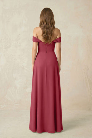 Merlot Off-the-Shoulder A-Line Chiffon Pleated Bridesmaid Dress (2) | KISSBRIDAL