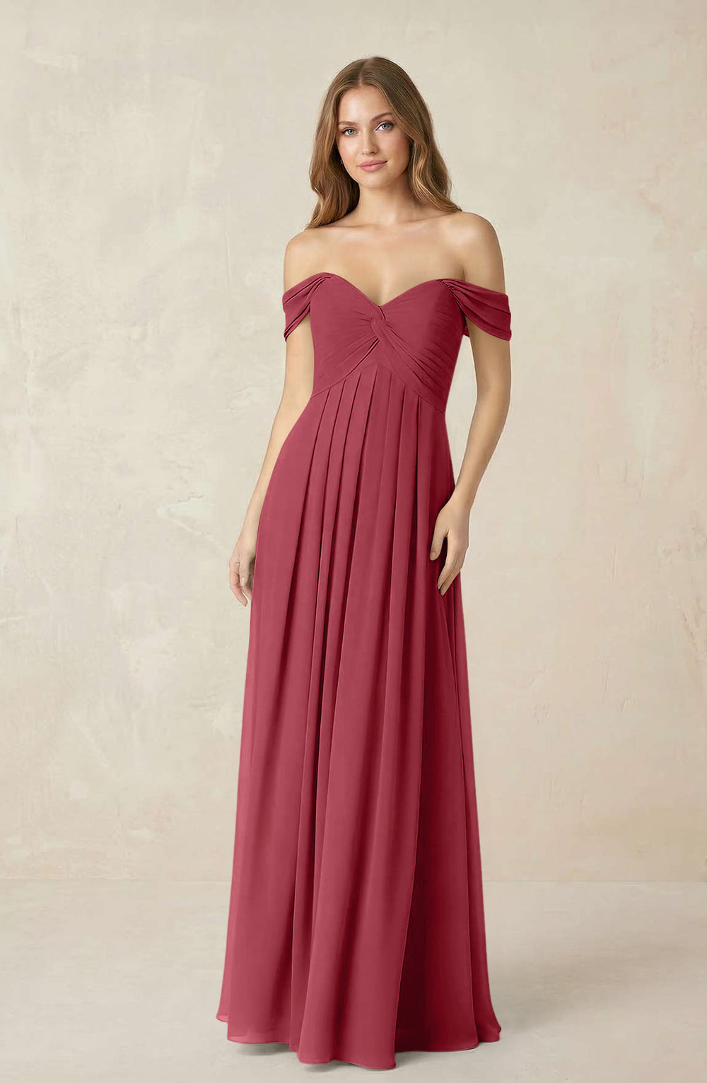 Off-the-Shoulder A-Line Chiffon Pleated Bridesmaid Dress in Merlot