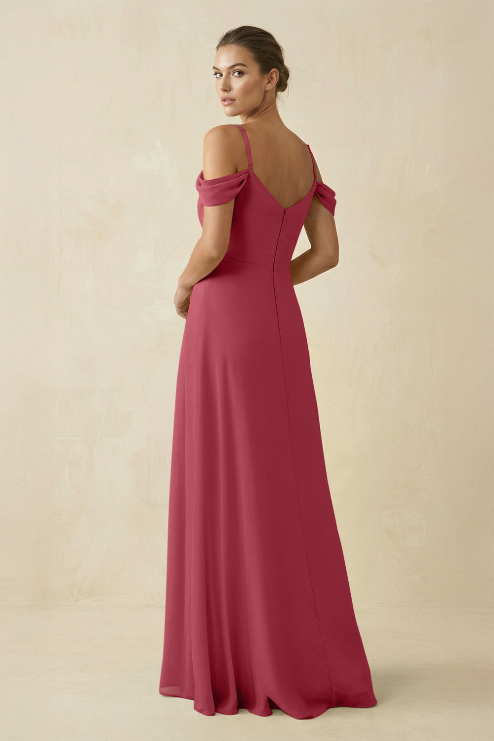 Off-the-Shoulder A-Line Pleated Chiffon Bridesmaid Gown in Merlot