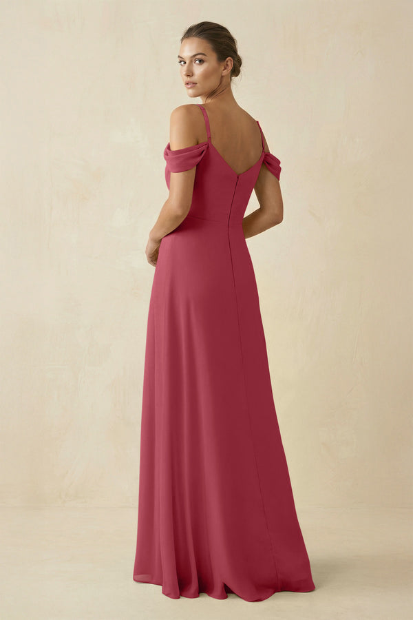 Merlot Off-the-Shoulder A-Line Pleated Chiffon Bridesmaid Gown (2) | KISSBRIDAL