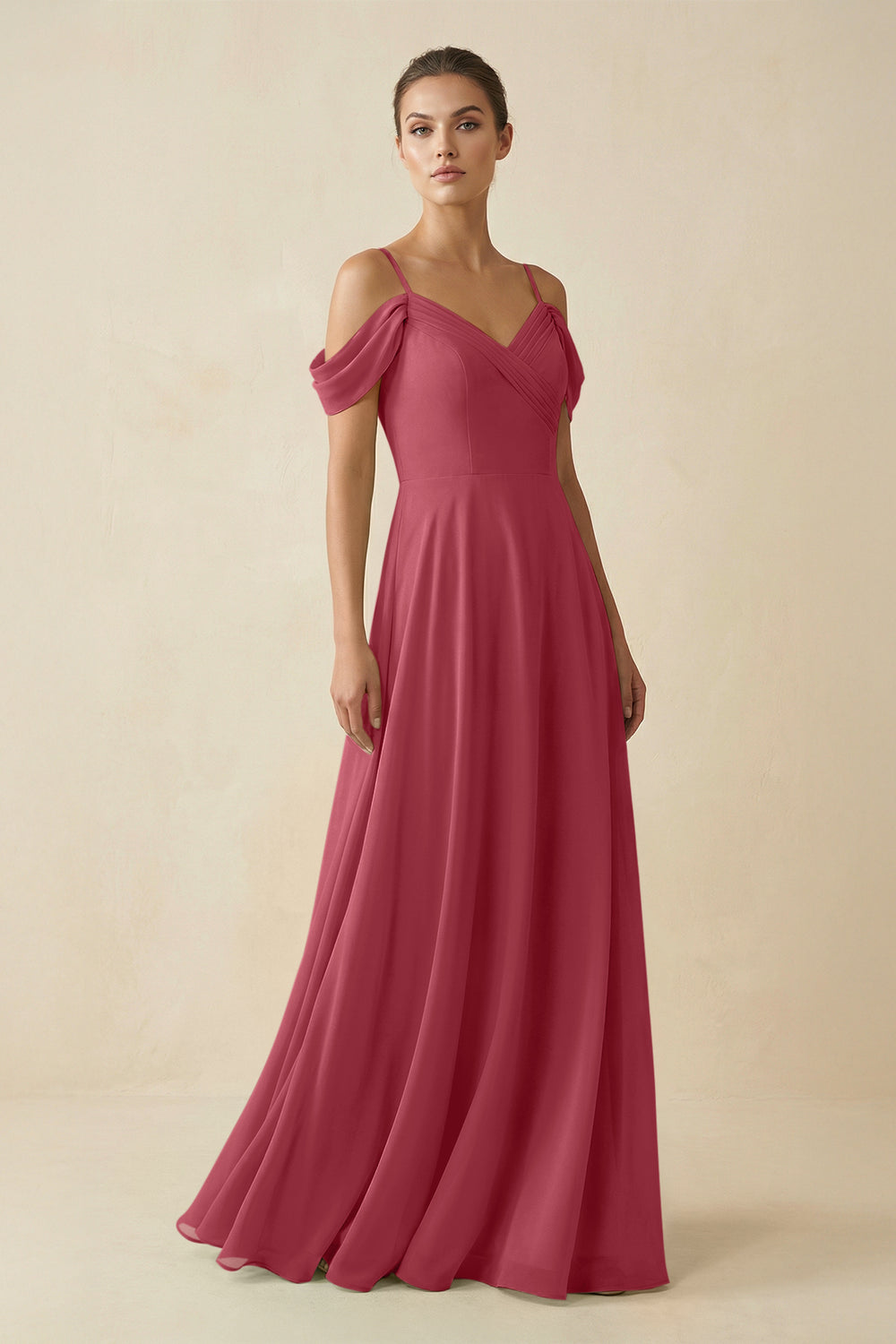 Off-the-Shoulder A-Line Pleated Chiffon Bridesmaid Gown in Merlot