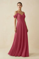 Merlot Off-the-Shoulder A-Line Pleated Chiffon Bridesmaid Gown | KISSBRIDAL