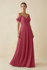 Merlot Off-the-Shoulder A-Line Pleated Chiffon Bridesmaid Gown | KISSBRIDAL