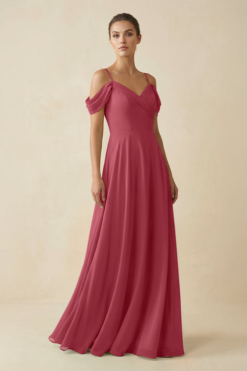Merlot Off-the-Shoulder A-Line Pleated Chiffon Bridesmaid Gown | KISSBRIDAL