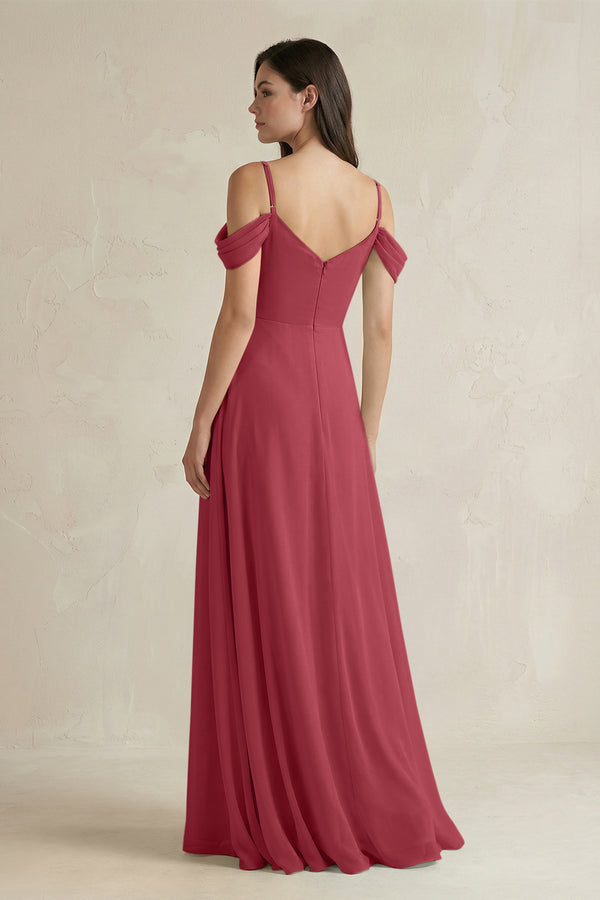 Merlot Off-the-Shoulder Chiffon A-Line Bridesmaid Dress (2) | KISSBRIDAL