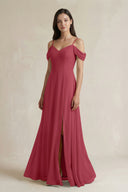 Merlot Off-the-Shoulder Chiffon A-Line Bridesmaid Dress | KISSBRIDAL