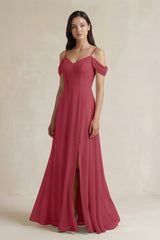 Merlot Off-the-Shoulder Chiffon A-Line Bridesmaid Dress | KISSBRIDAL