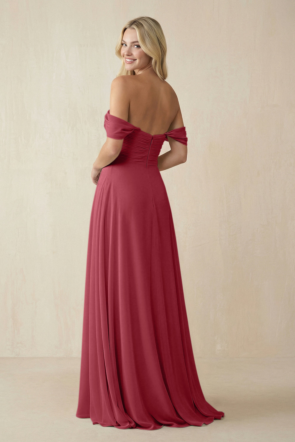 Off-the-Shoulder Chiffon A-Line Long Bridesmaid Dress in Merlot