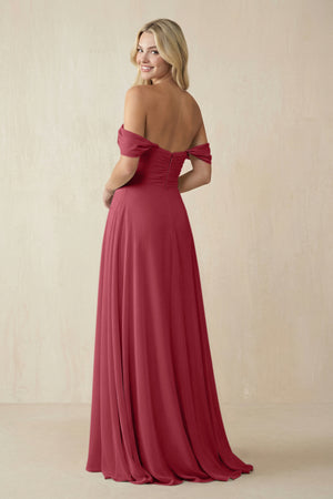 Merlot Off-the-Shoulder Chiffon A-Line Long Bridesmaid Dress (2) | KISSBRIDAL