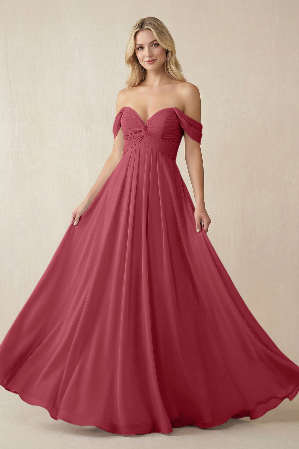 Off-the-Shoulder Chiffon A-Line Long Bridesmaid Dress in Merlot