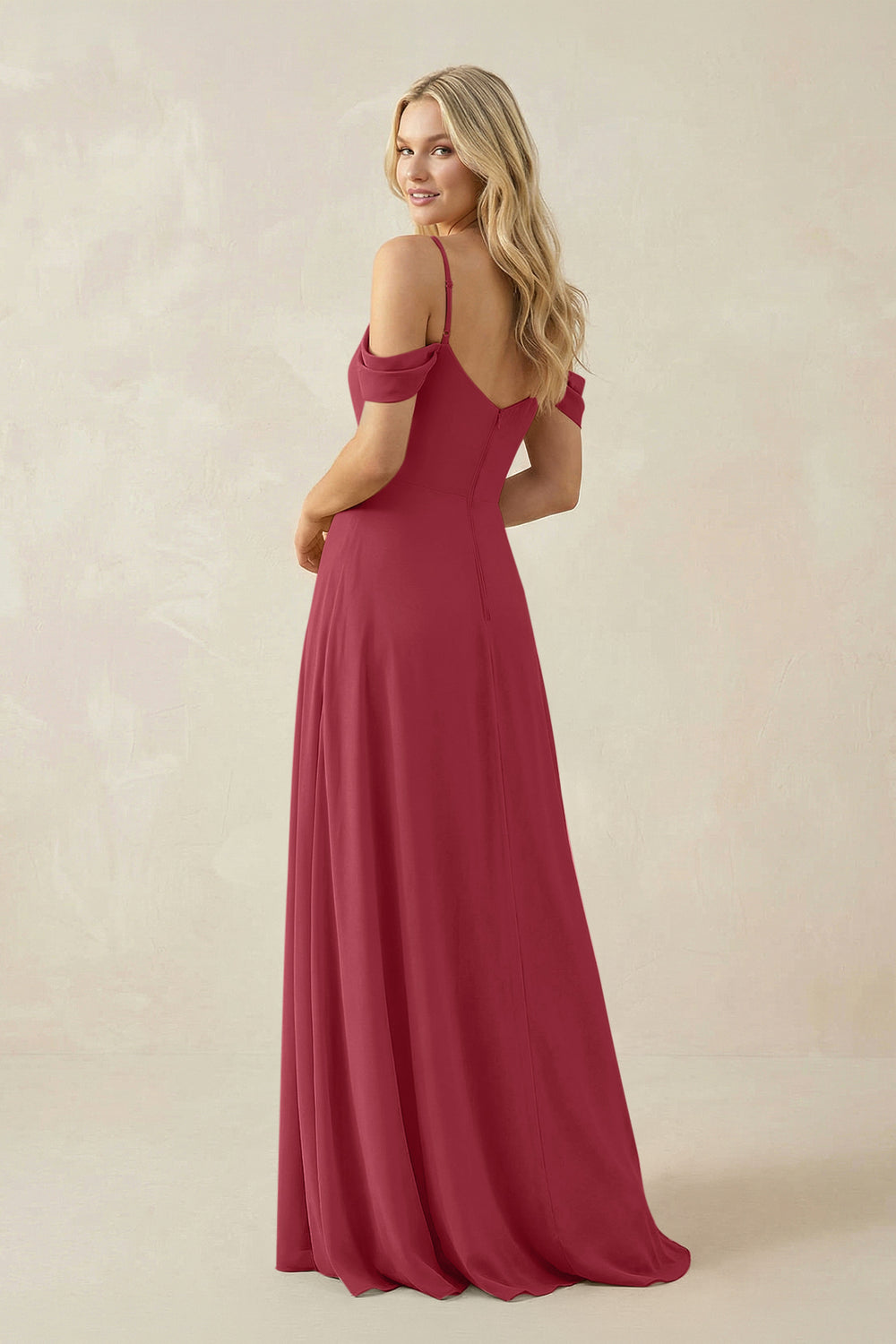 Off-the-Shoulder Chiffon A-Line Maxi Bridesmaid Dress in Merlot