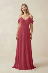 Merlot Off-the-Shoulder Chiffon A-Line Maxi Bridesmaid Dress | KISSBRIDAL