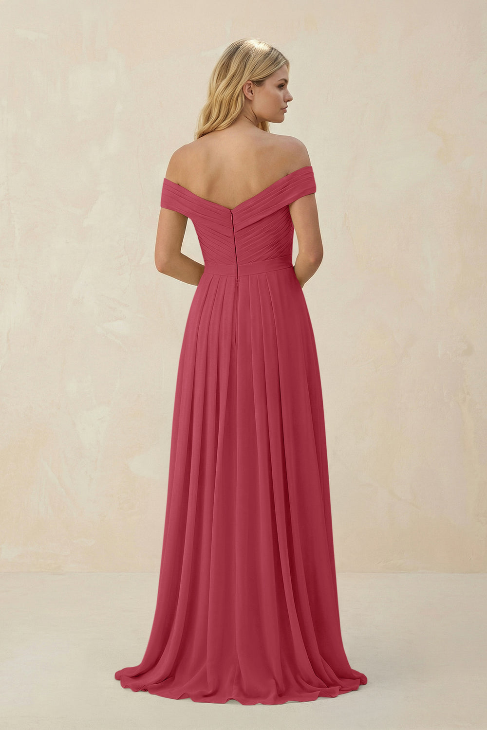 Off-the-Shoulder Pleated A-Line Chiffon Bridesmaid Dress in Merlot
