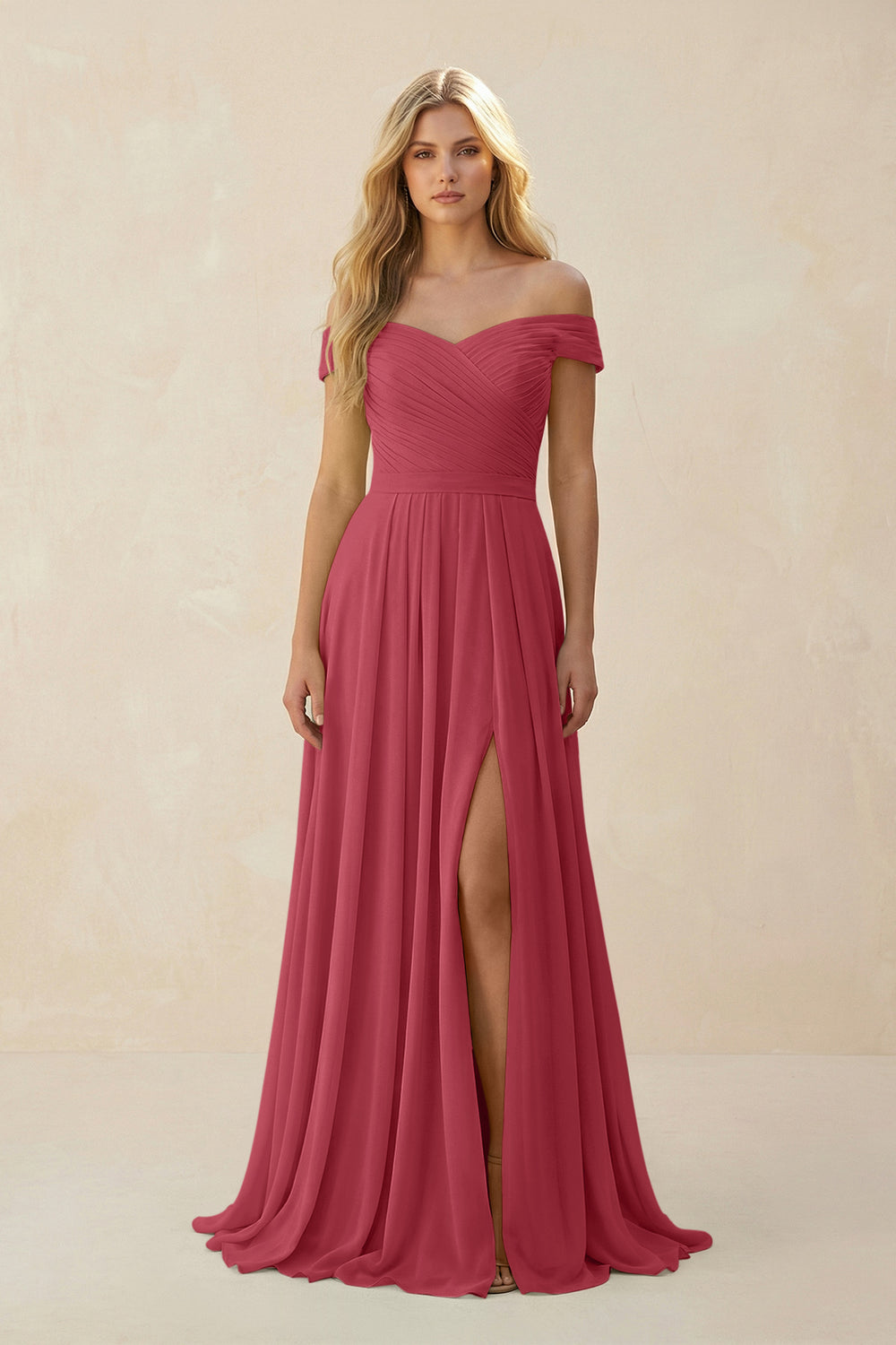 Off-the-Shoulder Pleated A-Line Chiffon Bridesmaid Dress in Merlot