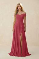 Merlot Off-the-Shoulder Pleated A-Line Chiffon Bridesmaid Dress | KISSBRIDAL