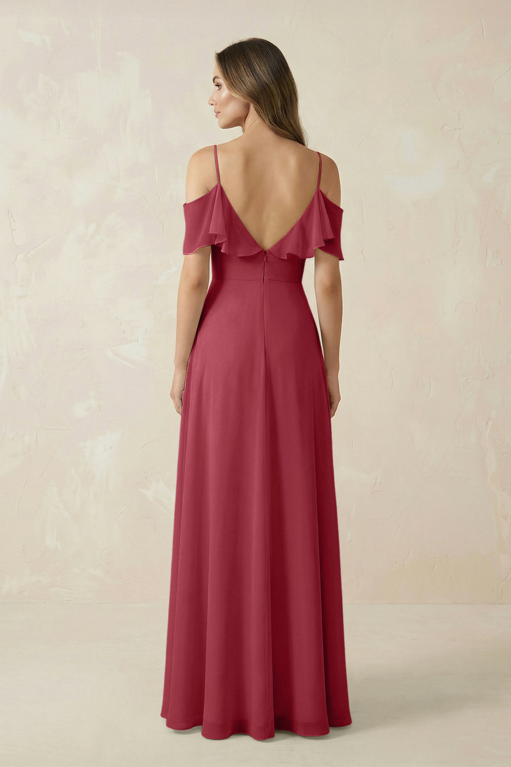 Off-the-Shoulder Ruffled A-Line Chiffon Bridesmaid Dress in Merlot
