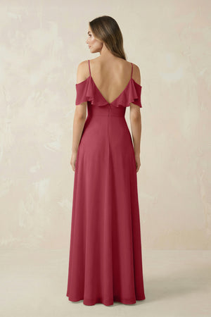 Merlot Off-the-Shoulder Ruffled A-Line Chiffon Bridesmaid Dress (2) | KISSBRIDAL