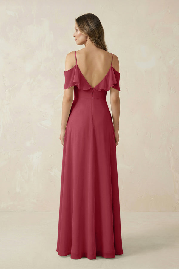 Merlot Off-the-Shoulder Ruffled A-Line Chiffon Bridesmaid Dress (2) | KISSBRIDAL